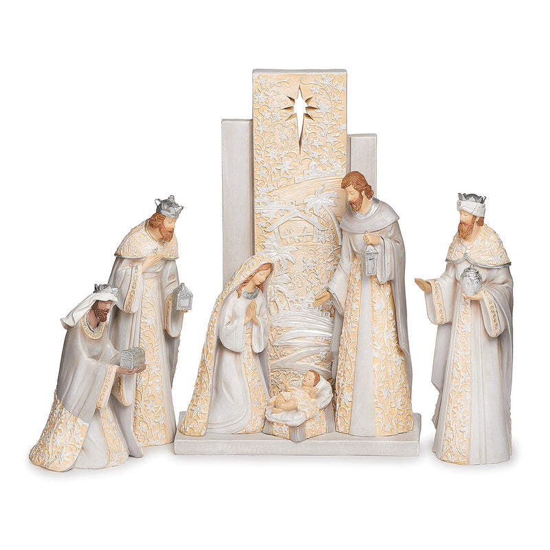 Ivory and Grey Filligree Resin Nativity