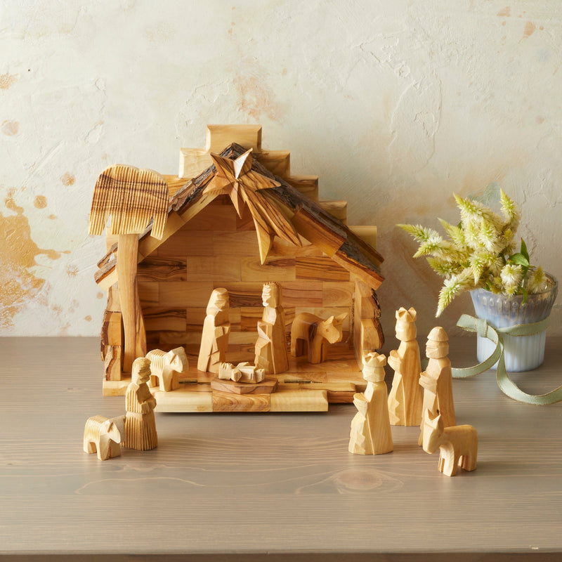 Olive Wood Nativity Block Stable